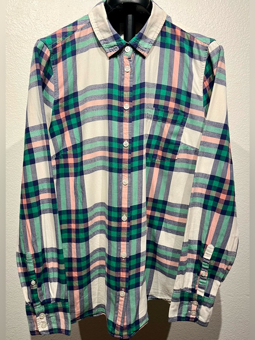 J. Crew Plaid Button-Down Shirt in Off-White, Green and Pink - Size M (Women’s)